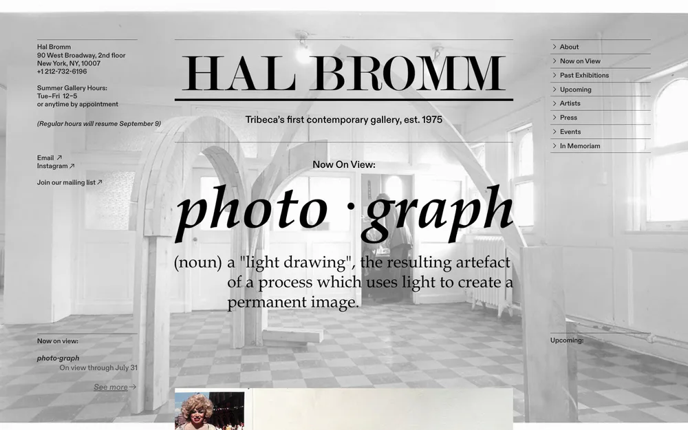 Hal Bromm gallery website header with large serif typography defining 'photograph' and its etymology, set against a light interior architectural background.