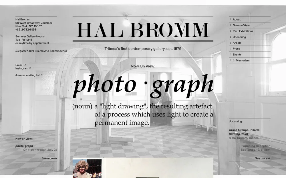 Hal Bromm gallery website header with large serif typography defining 'photograph' and its etymology, set against a light interior architectural background with right sidebar navigation.