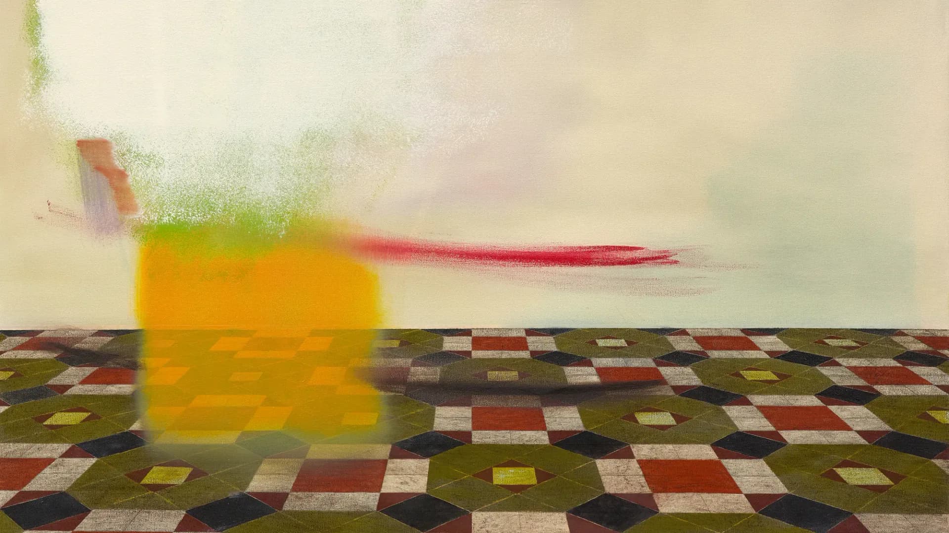 Abstract painting similar to the first, featuring yellow and orange shapes with shadows on a checkered floor in red, green, and neutral tones.
