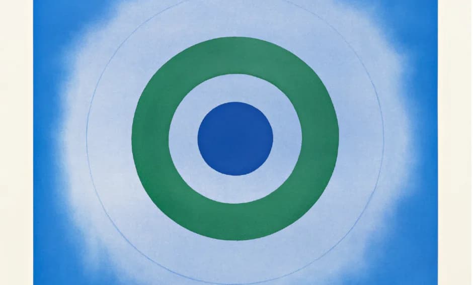 Minimalist composition with concentric circles in green, light blue, and dark blue at center, set against a glowing blue sky background.