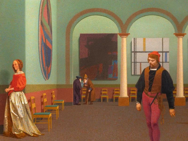 Interior scene with figures in Renaissance-style clothing and architectural elements including arches, columns, and patterned floor in earth and cool tones.