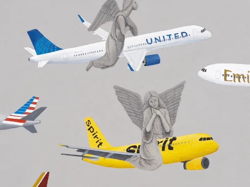 Surreal composition depicting statues of winged angels intertwined with commercial aircraft in blue, yellow, and white against neutral background.