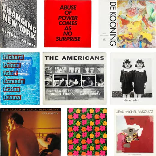 Grid of nine mixed-media artworks including textured abstracts, typography on red background, colorful floral patterns, and black-and-white photographic stills.