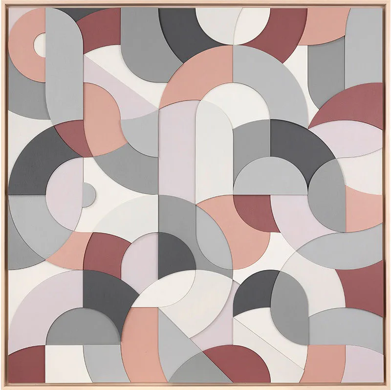 Abstract geometric composition of interlocking curved shapes in muted tones: cream, gray, mauve, burgundy, and blush pink.