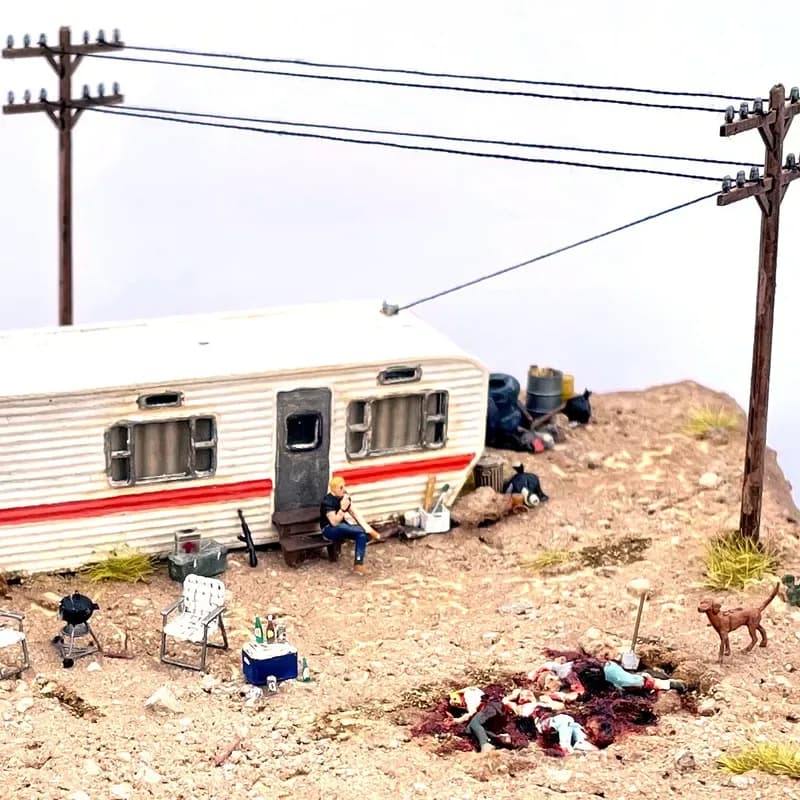 Mixed-media artwork depicting a white and red trailer beneath wooden utility poles in a sparse desert landscape.