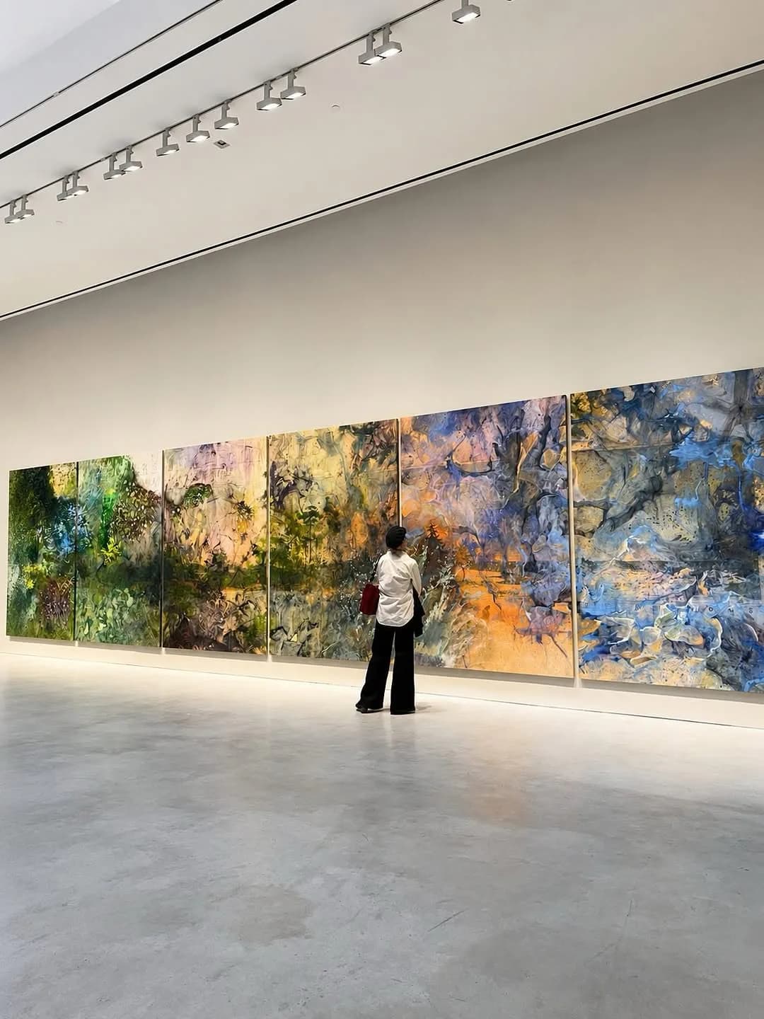 Gallery interior with a person viewing a large sequential series of multicolored abstract paintings displayed across the wall under track lighting.