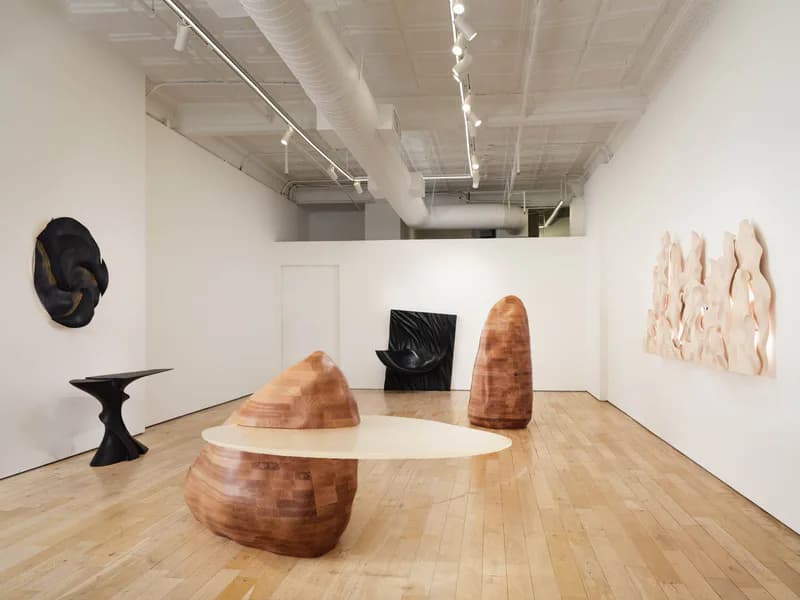 Gallery interior with wooden sculptural forms on floor, black anvil and wall-mounted artworks on white walls, blonde wood flooring, track lighting.