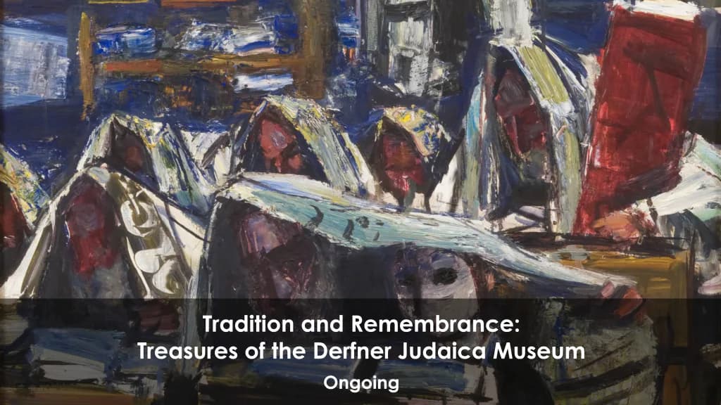 Abstract expressionist painting with deep blue background, gestural brushstrokes in white, red, and metallic tones depicting fragmented figures and forms.