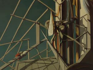 Abstract geometric composition with intersecting tan and dark lines, figure climbing or suspended against architectural framework in muted tones.
