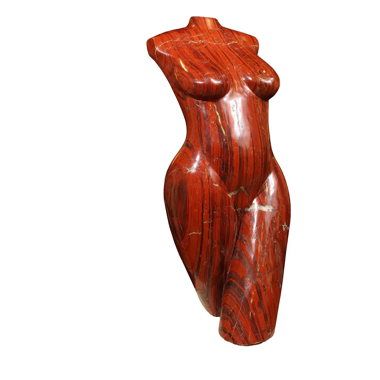 Abstract wooden torso sculpture carved from red-stained wood with flowing, organic curves emphasizing the human form.