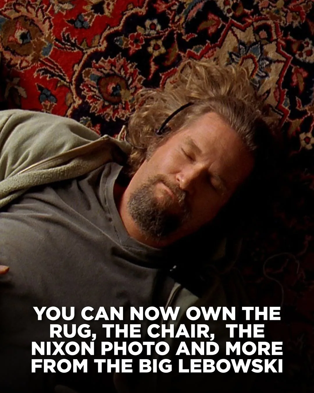Promotional graphic featuring a person lying on a red ornate rug with text offering Big Lebowski memorabilia for auction including rug, chair, and Nixon photo.