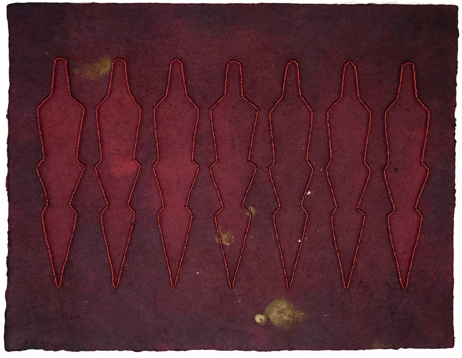 Seven elongated bottle forms outlined in red on a deep burgundy textured background with golden discoloration marks.