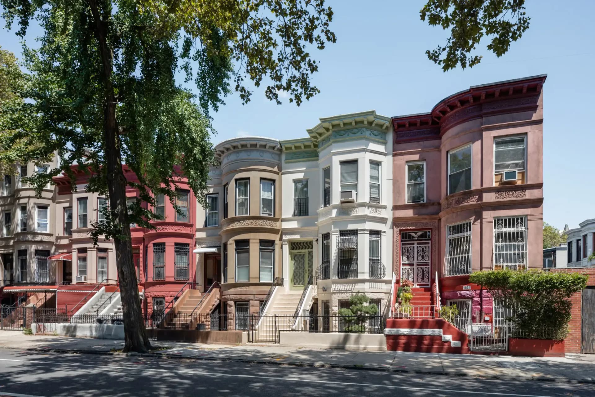 Row of historic brownstone townhouses in varying colors with front stoops, shaded by a large tree, part of a Historic Districts Council gallery.