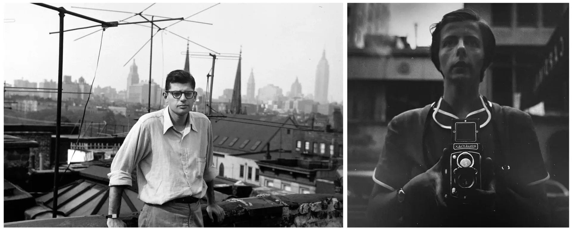 Black and white photograph diptych: left panel depicts man in glasses on industrial rooftop with city skyline; right panel shows man holding vintage camera, looking upward in urban setting.
