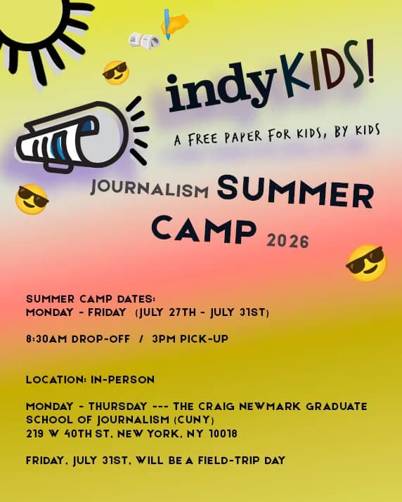 IndyKids Journalism Summer Camp 2026 flyer with yellow-to-pink gradient background, featuring sun and megaphone icons, camp dates July 27–31, 8:30am–3pm drop-off/pick-up, location at Craig Newmark CUNY Graduate School of Journalism.