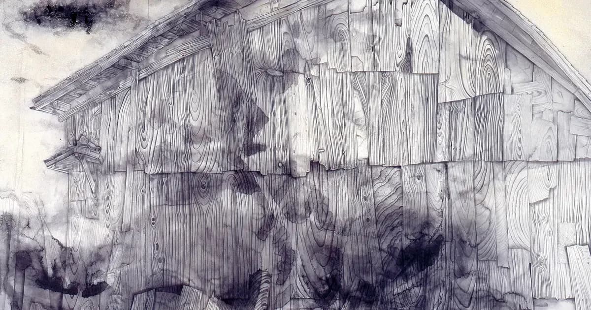 Ink drawing of a wooden structure with vertical wood-grain lines and dark gestural marks suggesting figures or movement across the surface.