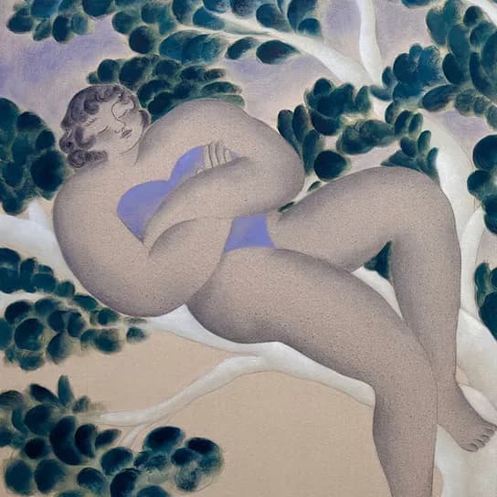 Figurative painting of a reclining nude figure in cream tones wearing purple fabric, surrounded by stylized teal foliage against a light background.