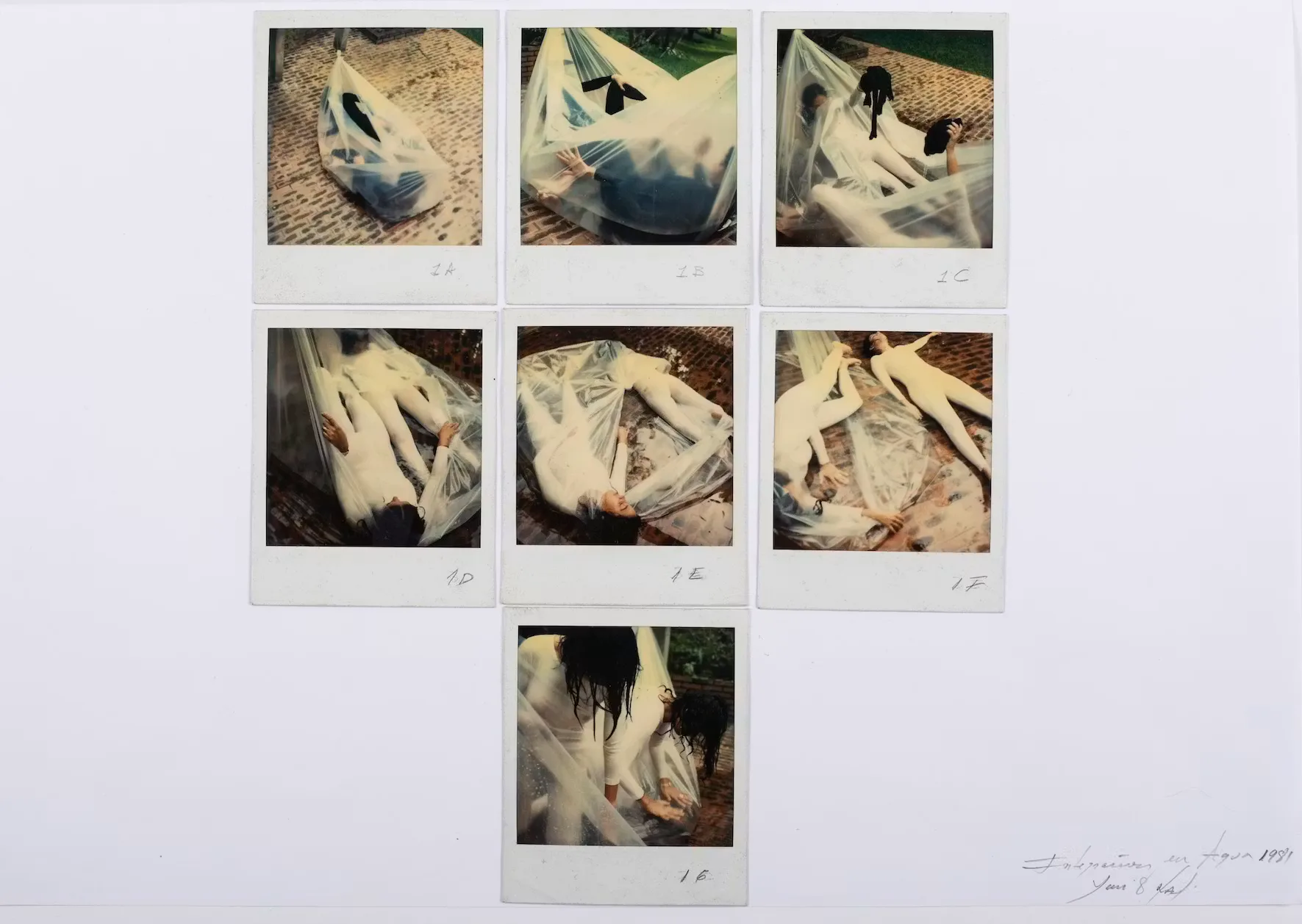 Seven Polaroid-style photographs arranged in grid showing close-up details of hands and feet in natural settings.