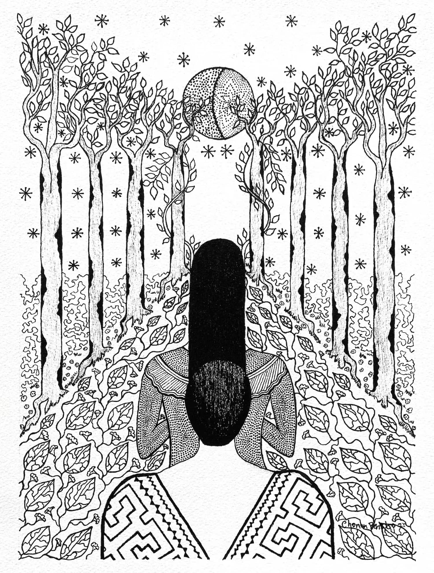 Black and white ink drawing of figure from behind in forest with moon, geometric patterns on clothing, detailed botanical background.