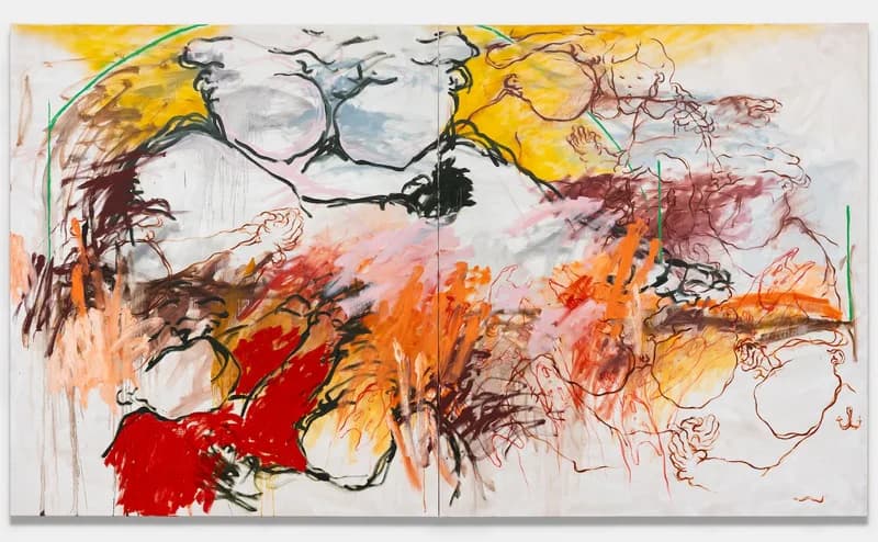 Abstract mixed-media painting with gestural line drawings and bold, expressive brushstrokes in yellows, oranges, reds, and blacks on white ground.