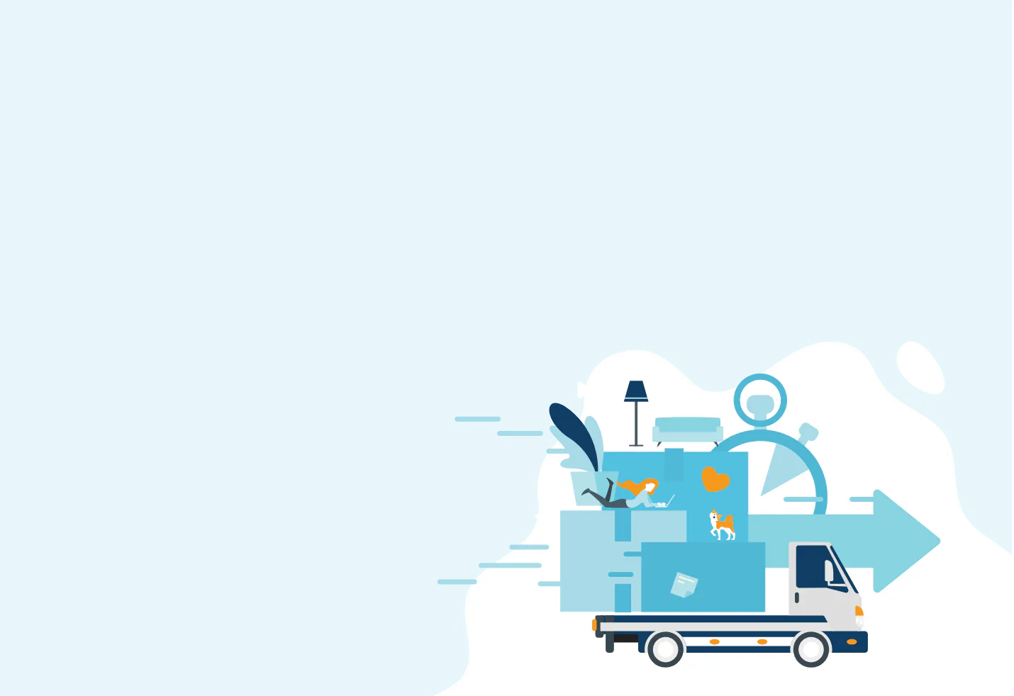 Digital illustration in soft blues featuring a delivery truck loaded with business and technology icons including a person, plant, lightbulb, and cursor.