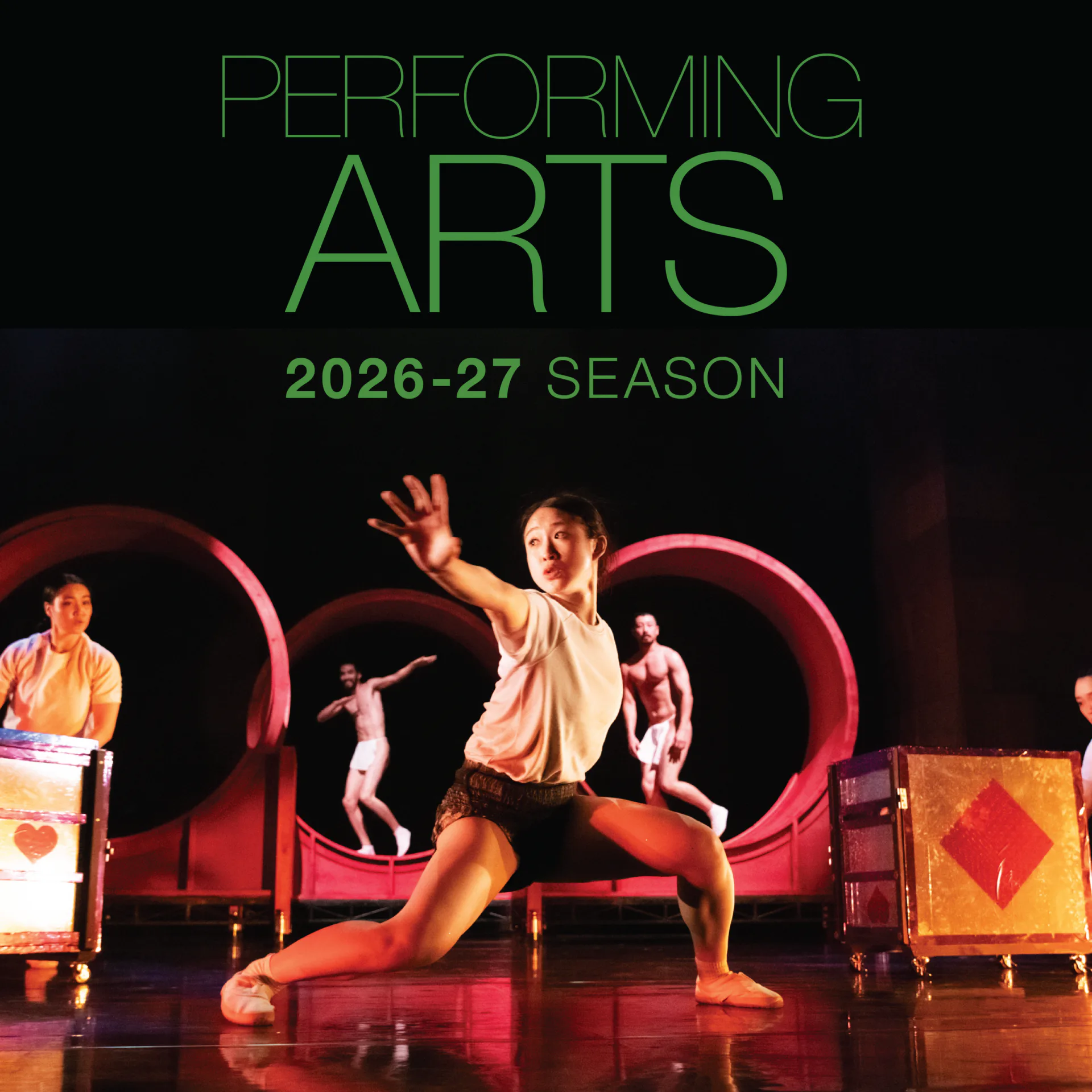 Performing arts season promotional graphic with performer in dynamic pose against red circular set design, green text reading '2026-27 Season'.