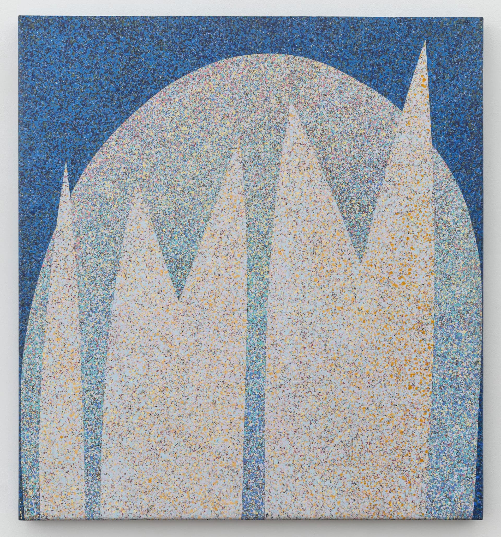Abstract pointillist painting with vertical striped forms in cream and beige against a deep blue background, creating an arched or cathedral-like composition.