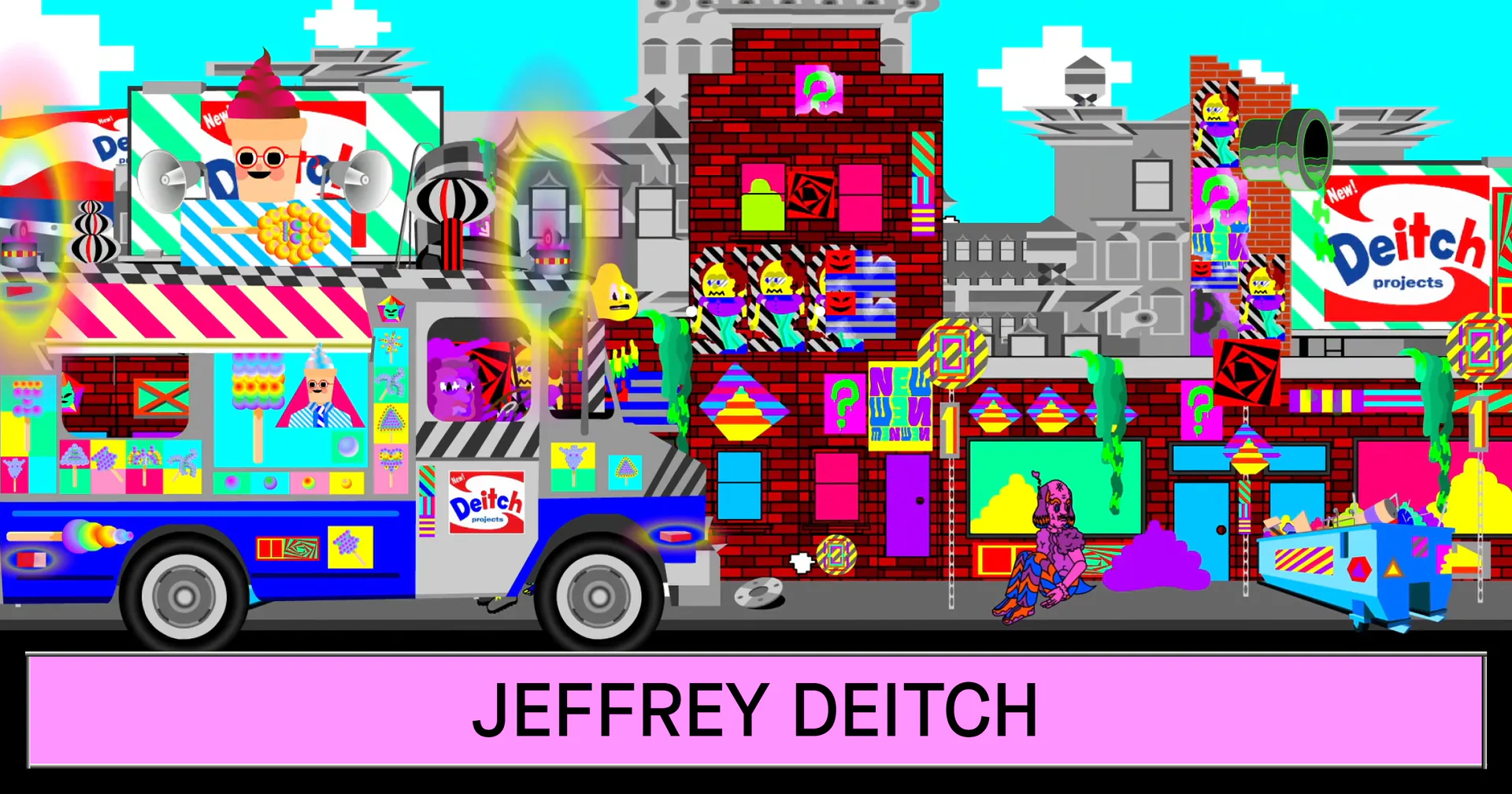 Vibrant mixed-media digital artwork depicting a colorful, chaotic street scene with neon pink, cyan, and yellow buildings, vehicles, and oversized Sketch signage against a bright cyan sky.