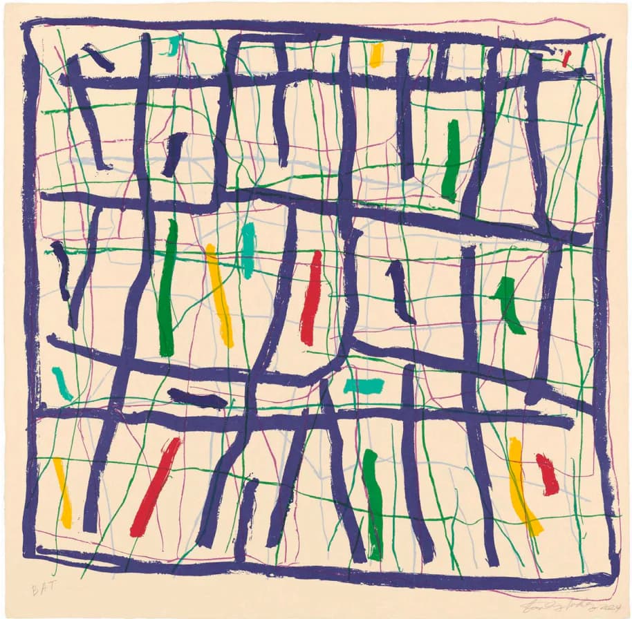Abstract drawing on cream paper with bold navy grid pattern and scattered green, red, and yellow marks creating a structured composition.