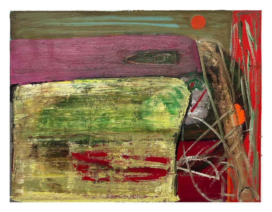 Abstract mixed-media painting with horizontal bands of green, pink, yellow, and red paint, featuring gestural marks and collaged elements on canvas.