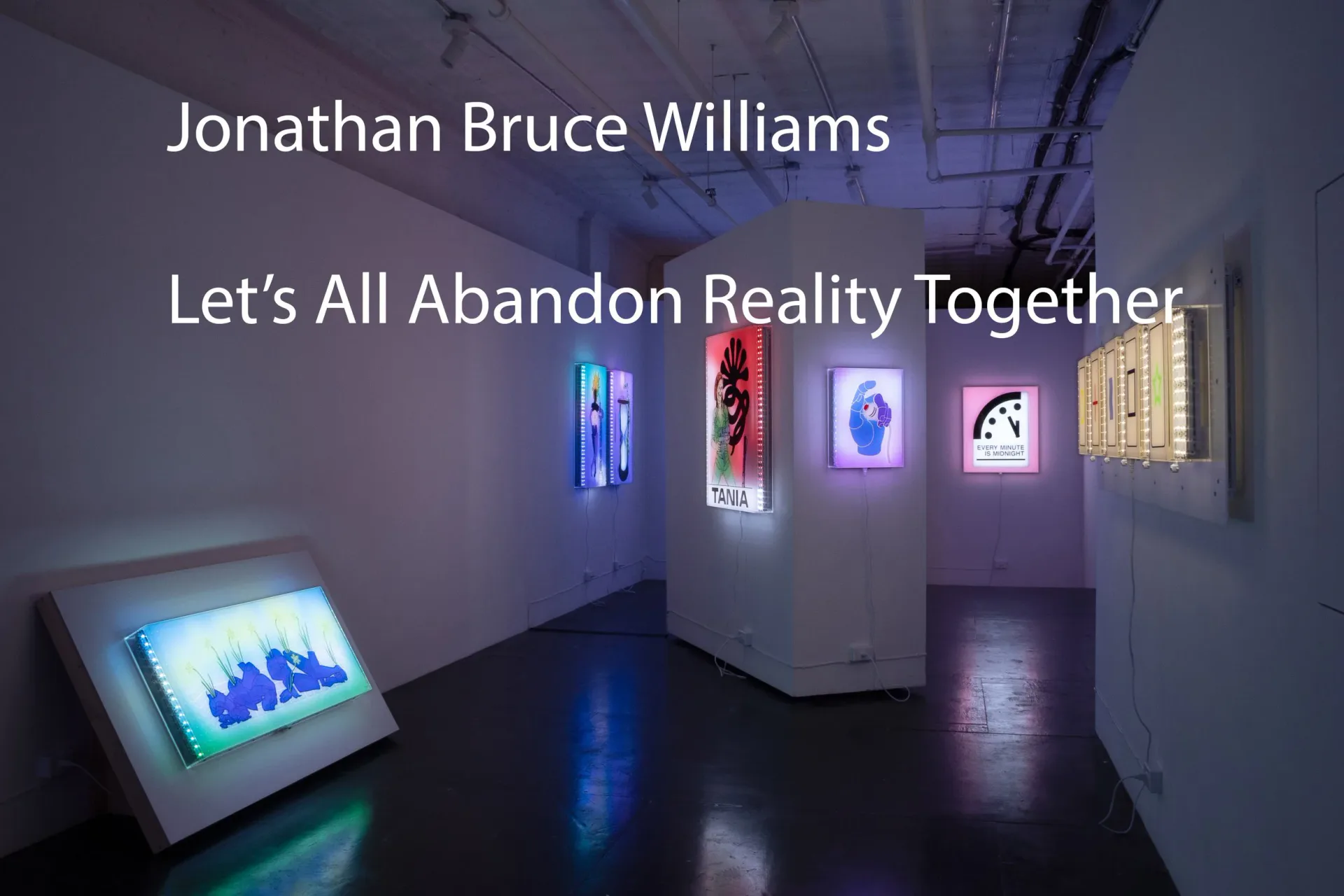 Gallery interior with neon light installations in glass cases and a video monitor on floor; dark walls and moody purple-blue ambient lighting.