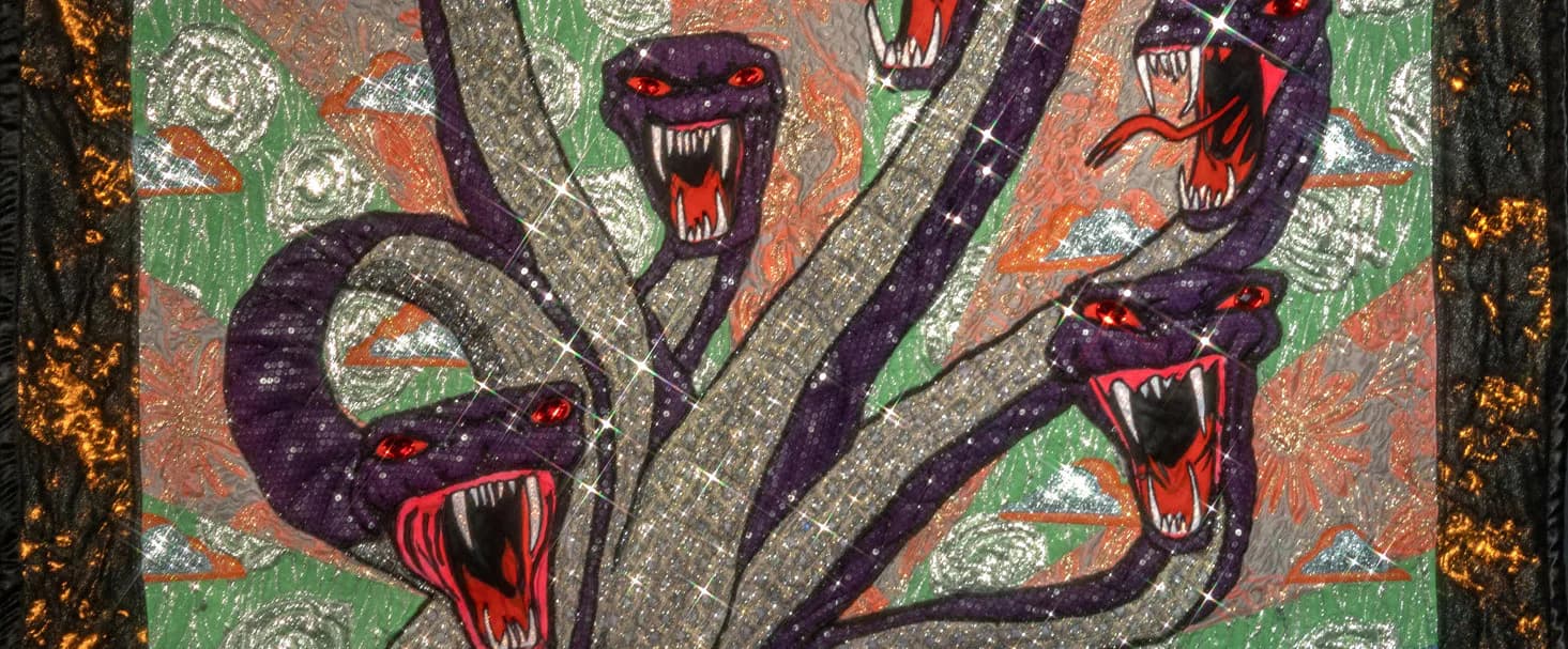 Mixed-media painting featuring five red serpents with open mouths on a textured brown and green background, surrounded by ornate gold framing.