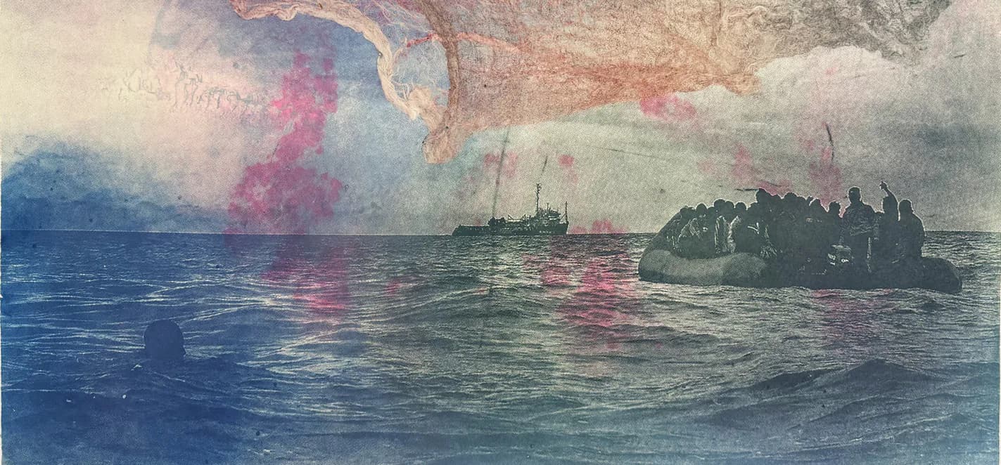 Watercolor painting of a naval warship at sea with pink and blue smoke or explosions, moody atmospheric tones dominate the composition.