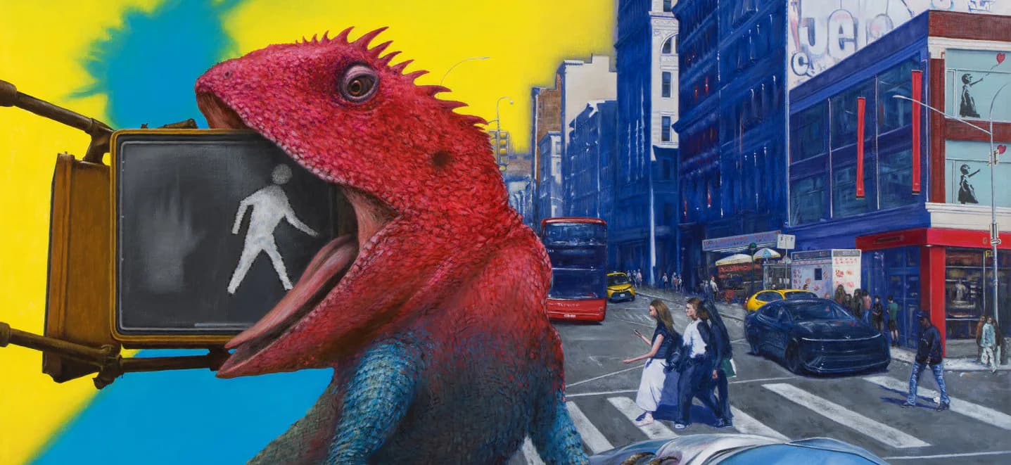 Mixed-media artwork depicting a large red creature holding a yellow television set on an urban street, bright yellow and blue background.