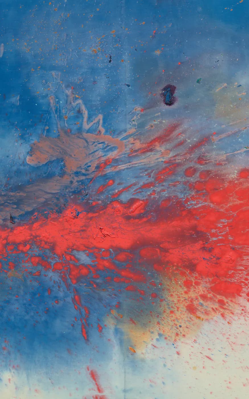 Abstract painting with gestural red and orange brushstrokes against blue background, layered with drips and splashes.