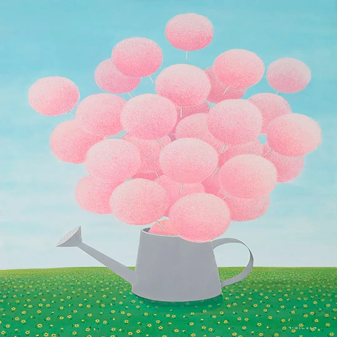 Illustration of a gray watering can with pink cloud-like flowers against turquoise sky and green meadow with yellow flowers.