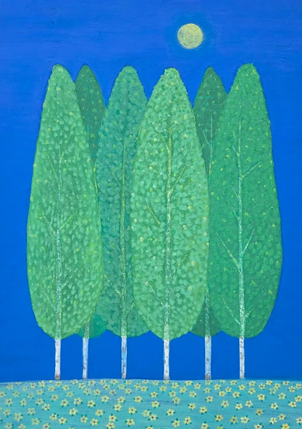 Painting of six green trees with textured foliage beneath a pale moon against deep blue sky, with patterned ground.