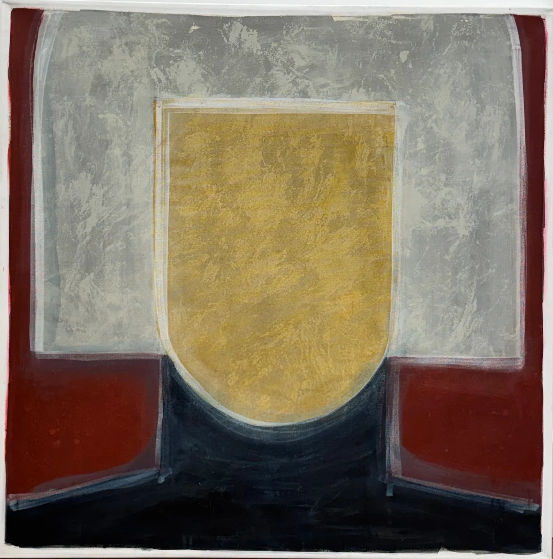 Abstract painting with geometric composition: gold shield-like form centered within gray, dark red, navy, and white rectangular sections.