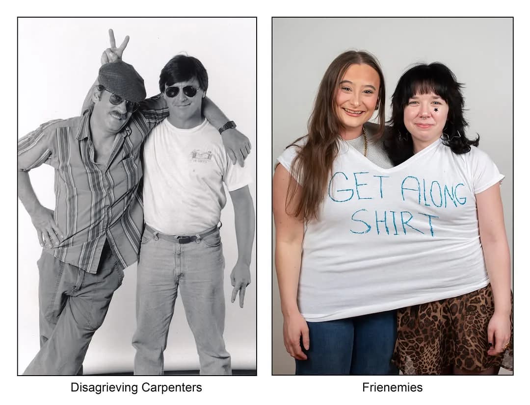 Two-panel artwork: left panel black-and-white photograph of two men labeled 'Disgreiving Carpenters'; right panel color photograph of two women in 'GET ALONG SHIRT' labeled 'Frienemies'.