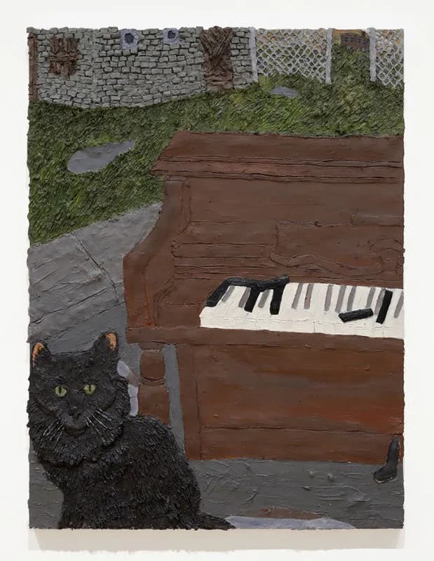 Mixed-media painting of a black cat with yellow eyes sitting in front of a brown wooden piano in a courtyard with ivy-covered walls and brick.