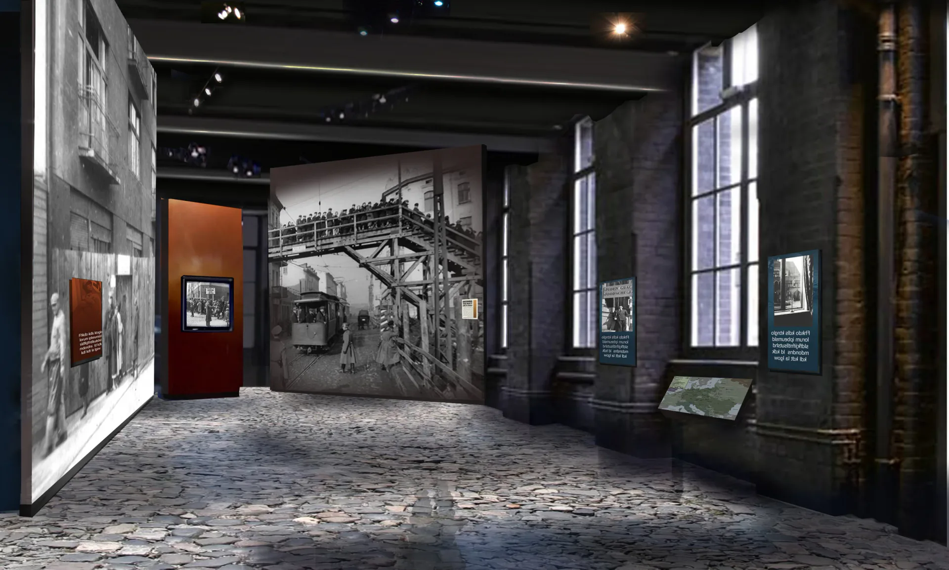 Gallery interior with dark walls, industrial black-and-white photographs, a red doorway on the left, and large windows on the right; Kleinman Holocaust Education Center.