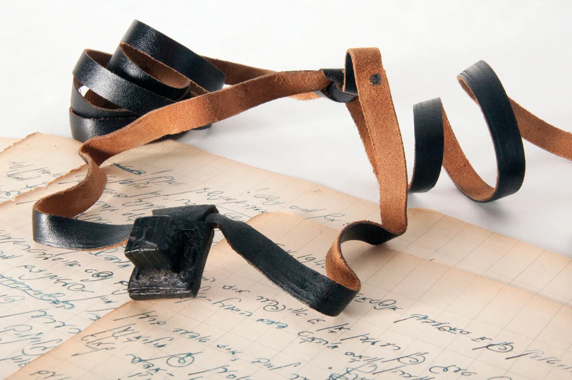 Mixed-media installation: leather straps coiled on handwritten manuscript pages, combining textiles and archival materials.