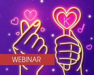 Neon-style graphic with two hands making heart gestures against purple starry background; orange banner labeled 'WEBINAR'.