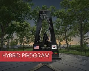 Outdoor sculpture of abstract figures in a park setting at dusk; red banner labeled 'HYBRID PROGRAM'.