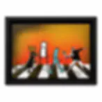Framed artwork depicting stylized figures in red and black on an orange background.