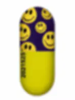 Yellow capsule or pill-shaped object with repeating smiley face patterns in blue and yellow.