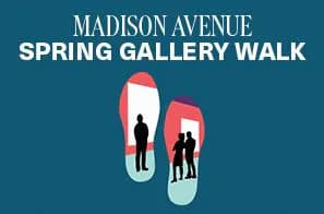 Event announcement for Madison Avenue Spring Gallery Walk featuring silhouettes of people on teal background with red and white accent shapes.