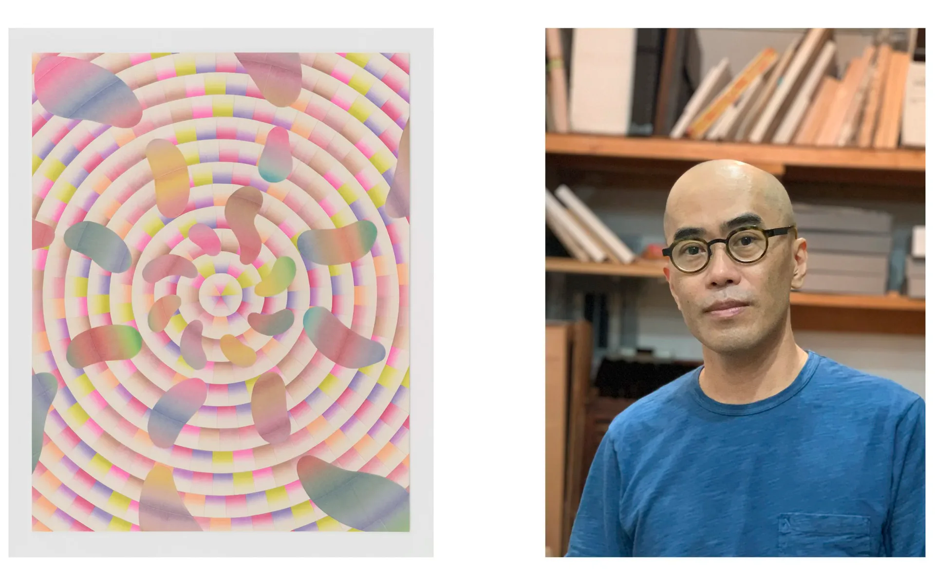 Left: concentric spiral artwork in pastel pink, yellow, and green tones. Right: portrait of a person wearing glasses and blue shirt against bookshelf background.