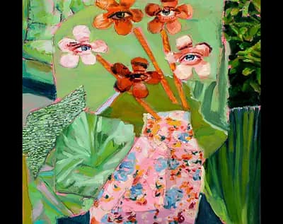 Colorful mixed-media painting of stylized flowers in a patterned vase against a bright green background with botanical elements.