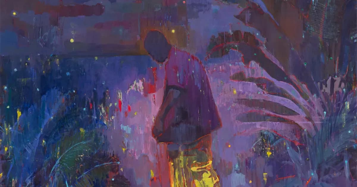 Abstract digital painting with silhouetted figure against vibrant purple, blue, and gold luminous background with gestural brushwork.